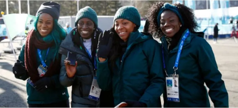 Nigeria’s bobsleigh team members in winter jackets at the Olympic village