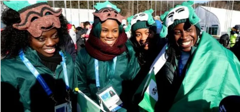 Team Nigeria athletes smiling at the 2018 Winter Olympics