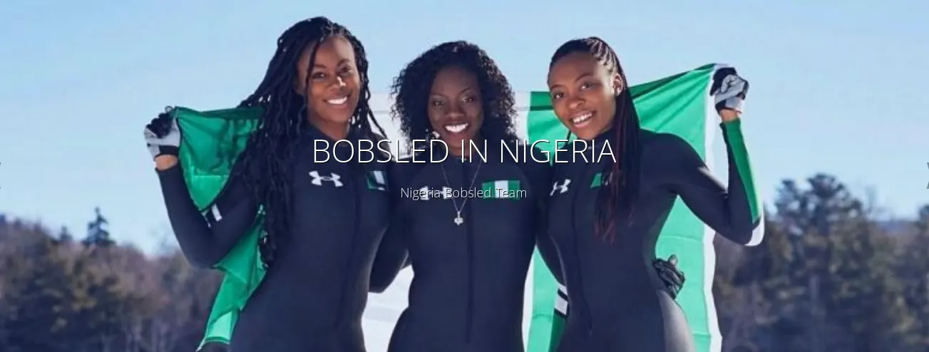 Nigeria&rsquo;s bobsleigh team with the national flag in the snow