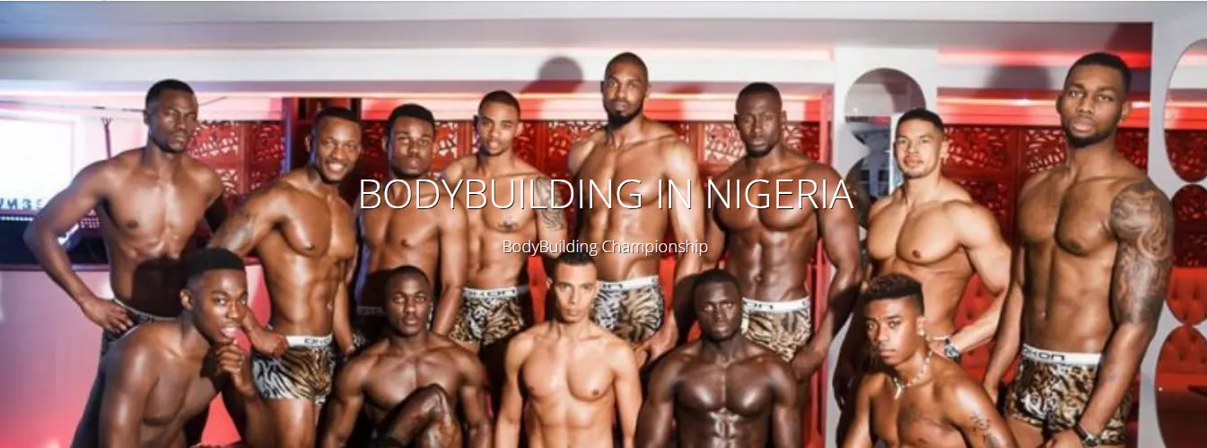 A line-up of Nigerian bodybuilders on stage