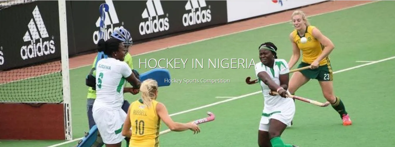 Nigerian women hockey players in white contesting the ball