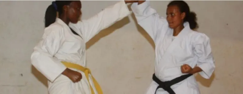Two Nigerian karatekas practising a Shotokan technique