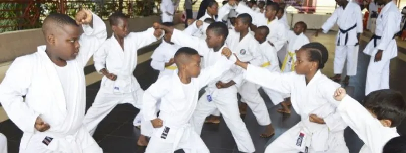 Children training Shotokan karate in a Nigerian dojo