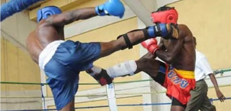 Two Nigerian kickboxers in a bout at a local championship