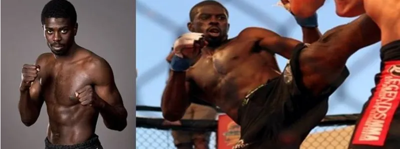 A Nigerian-heritage fighter in a Muay Thai stance and in a cage bout