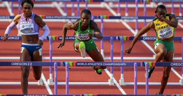 Tobi Amusan clearing a hurdle at the 2022 World Championships