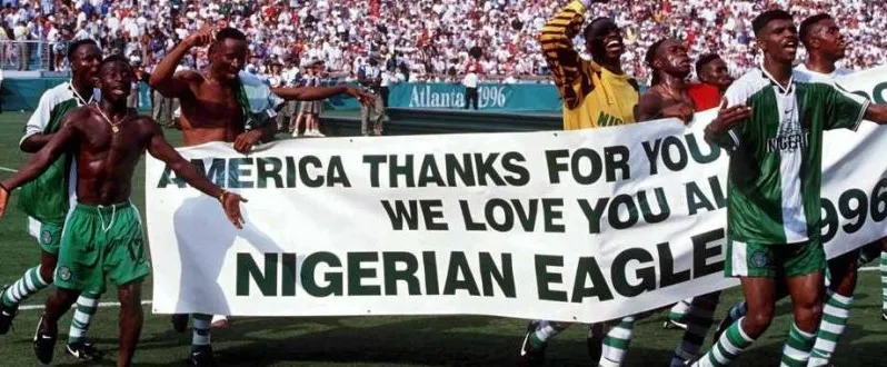 Nigeria’s 1996 football team thanking the crowd in Atlanta