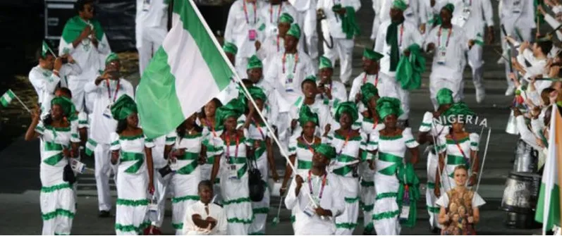 Nigeria&rsquo;s team parading with the flag at an Olympic opening ceremony