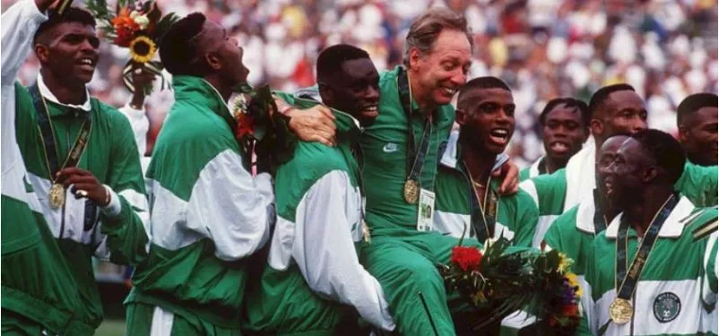 Nigeria’s 1996 Olympic football champions celebrating with their gold medals
