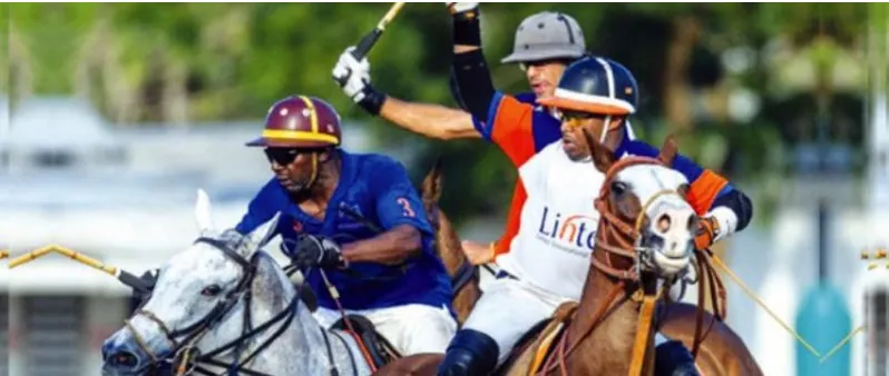 A polo player in blue rides a grey horse alongside a rival during a Nigerian match