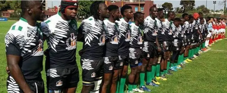 Nigerian rugby players lined up before a match