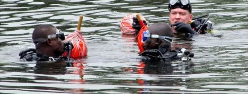 Scuba divers surfacing together in open water