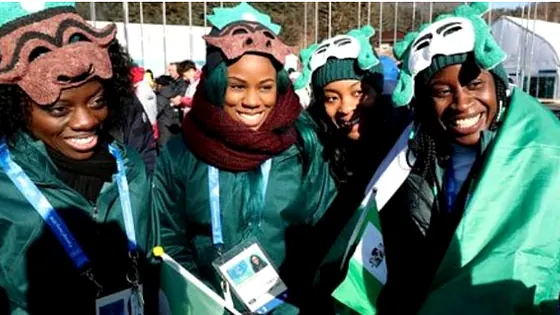 Nigeria&rsquo;s women&rsquo;s bobsled team celebrating in national colours