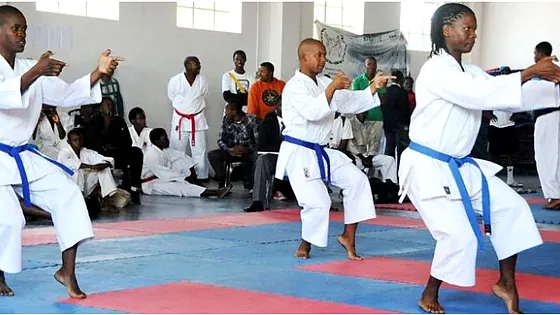 Karatekas performing kata in a Nigerian dojo
