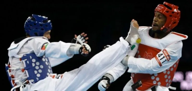 A fighter lands a kick to the body protector